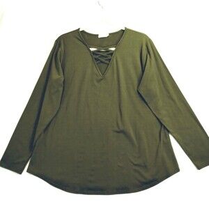 Moss Green Top Sz XXL Boxy Baggy Cut V Neck Lace Up Stretchy 3/4 Sleeve Packable